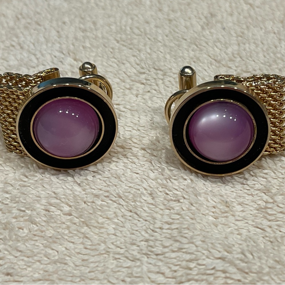Vintage Cuff Links  Gold Tone Pink Opaque Stone